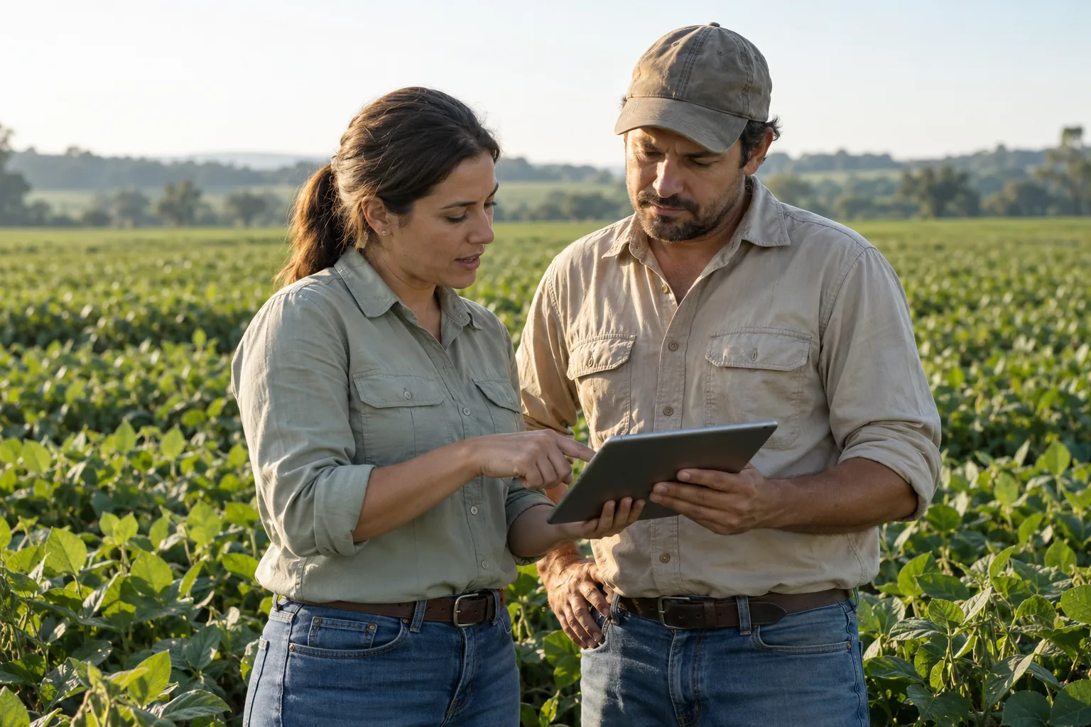Productor y agrónoma revisando un documento juntos en el cultivo