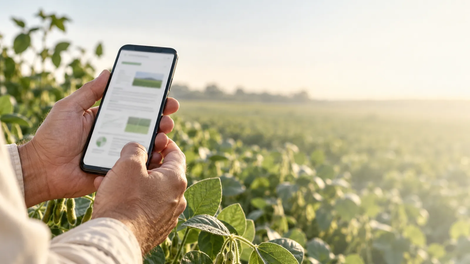 Manos consultando un documento en un celular junto al cultivo
