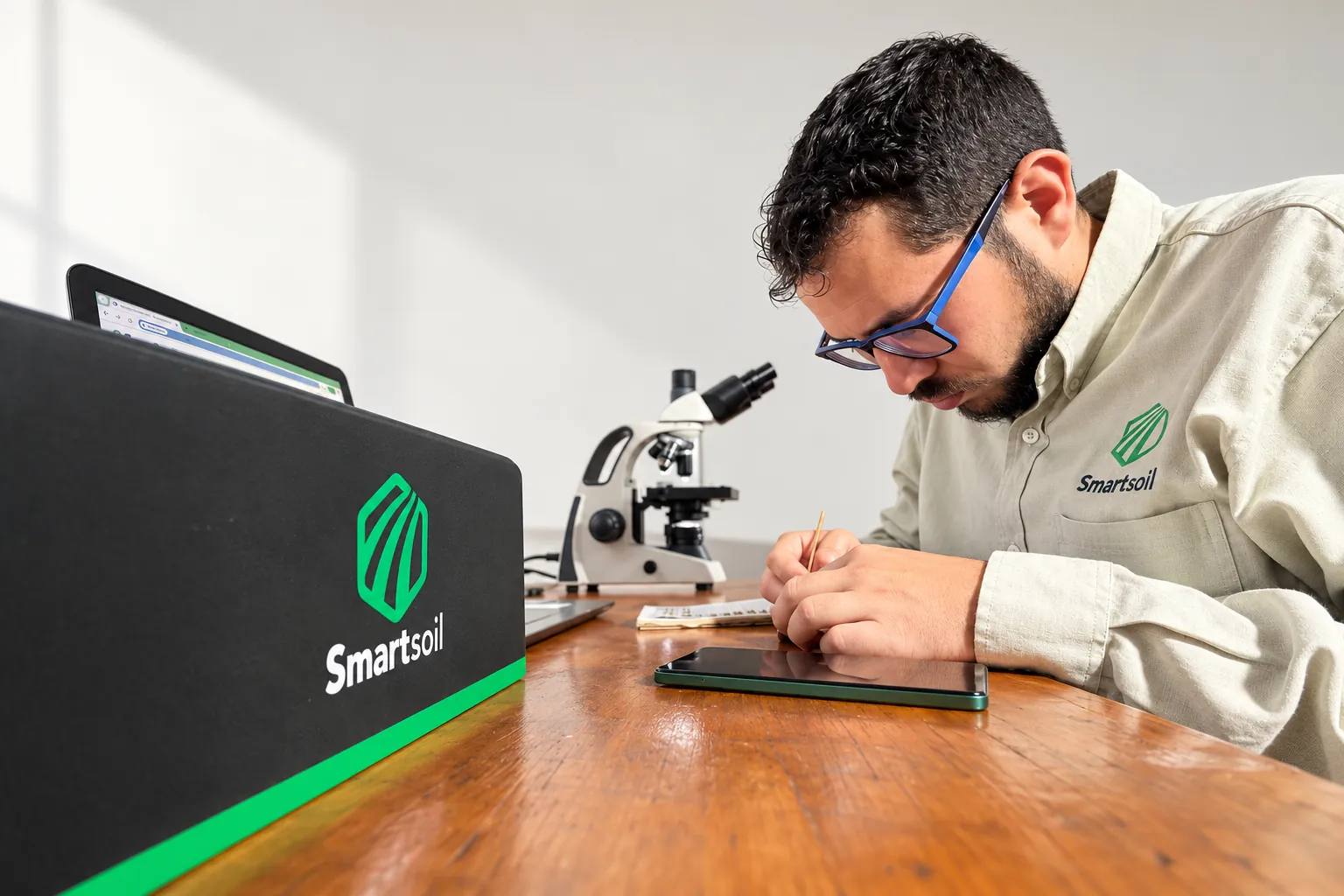 MiniLab en el laboratorio de SmartSoil, con un técnico analizando muestras